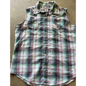 Vintage Wrangler Wrancher Sleeveless Western Shirt Women’s Sz M Pearl Snap